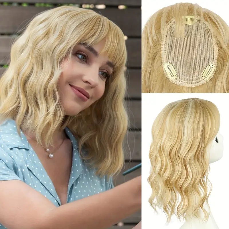 14 Inch Synthetic Wavy Hair Topper Hairpieces With Bangs For Women Curly Clip In Synthetic Hairpiece Fluffy Topper Hair Accessories