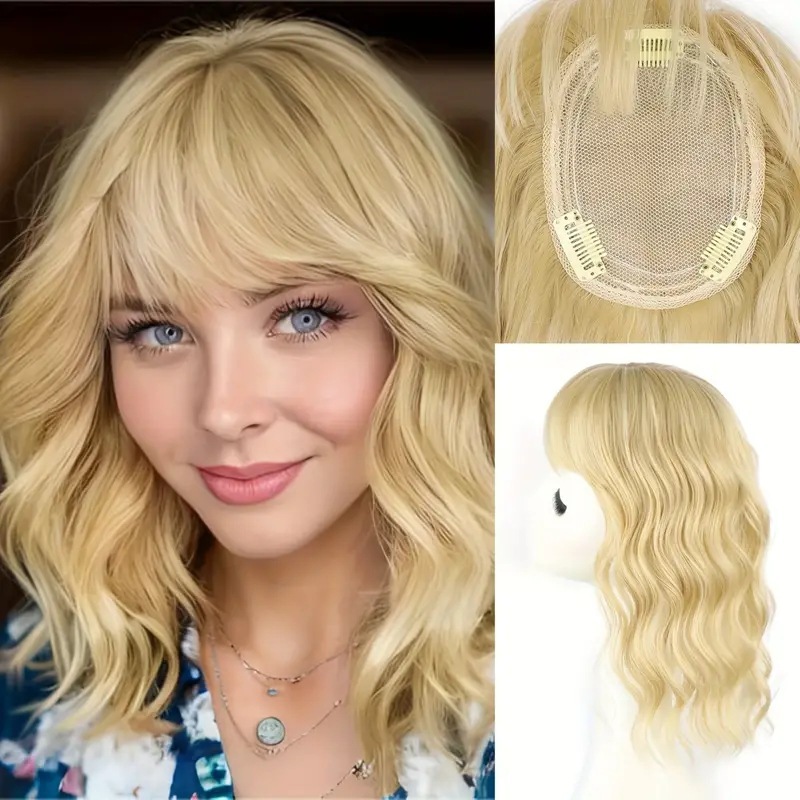 14 Inch Synthetic Wavy Hair Topper Hairpieces With Bangs For Women Curly Clip In Synthetic Hairpiece Fluffy Topper Hair Accessories