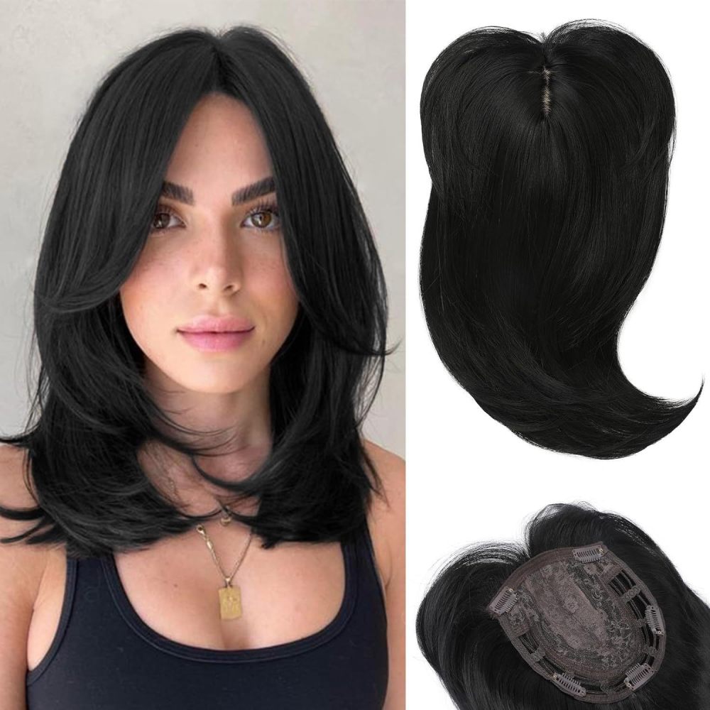18 inch Ombre Dark Root Golden Topper with Hair Bangs Synthetic Hair Clip in Hair Extensions for Daily Use Accessories
