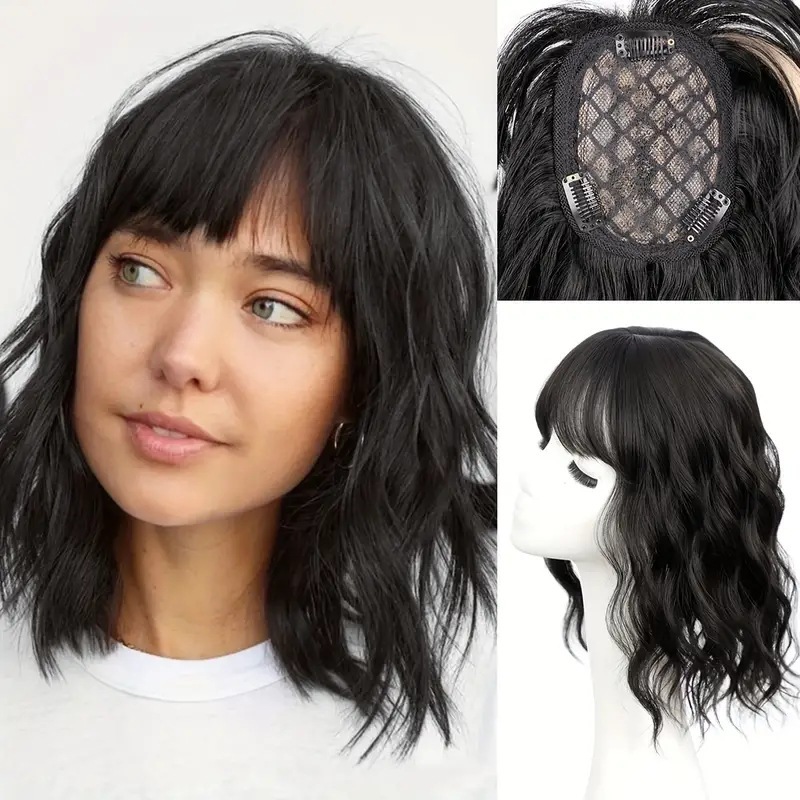 14 Inch Synthetic Wavy Hair Topper Hairpieces With Bangs For Women Curly Clip In Synthetic Hairpiece Fluffy Topper Hair Accessories