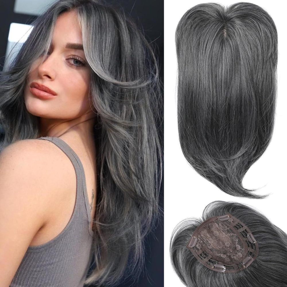 18 inch Ombre Dark Root Golden Topper with Hair Bangs Synthetic Hair Clip in Hair Extensions for Daily Use Accessories