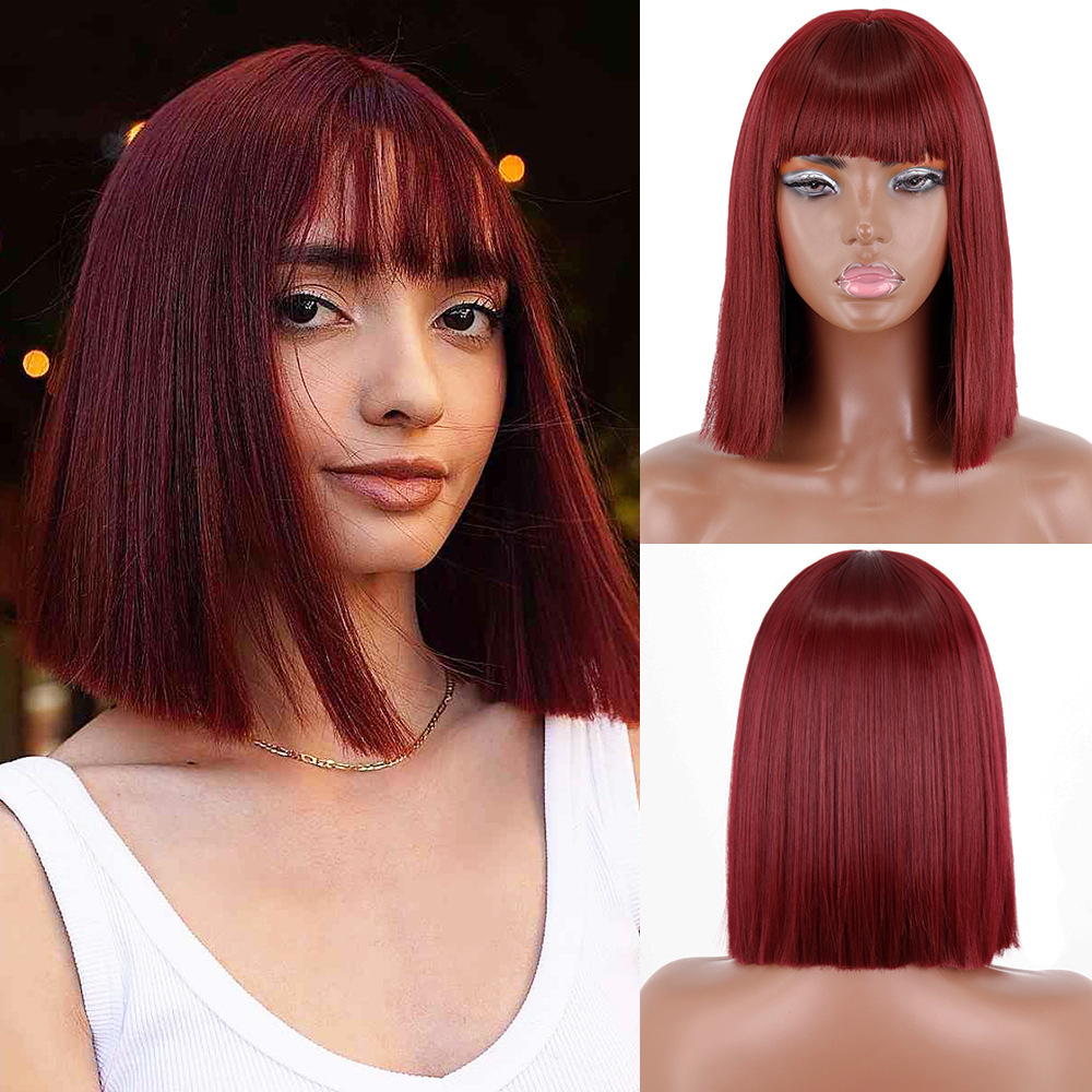 Short Bob Synthetic Wig With Bangs for Women Red Black Pink Blue Orange Fancy Wigs Heat Resistant Lolita Cosplay Party Wigs