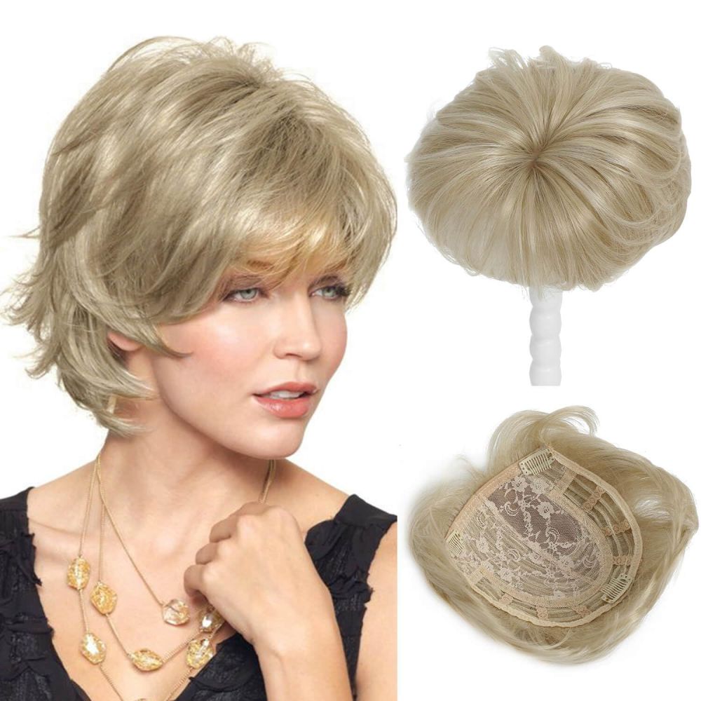 8 inch Blonde Short Hair Toppers for Women Fluffy Synthetic Hair Topper Clip in Top Wavy Hair Pieces Replacement hair topper