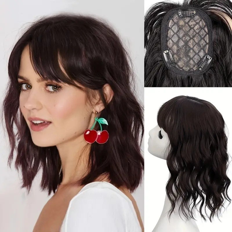 14 Inch Synthetic Wavy Hair Topper Hairpieces With Bangs For Women Curly Clip In Synthetic Hairpiece Fluffy Topper Hair Accessories
