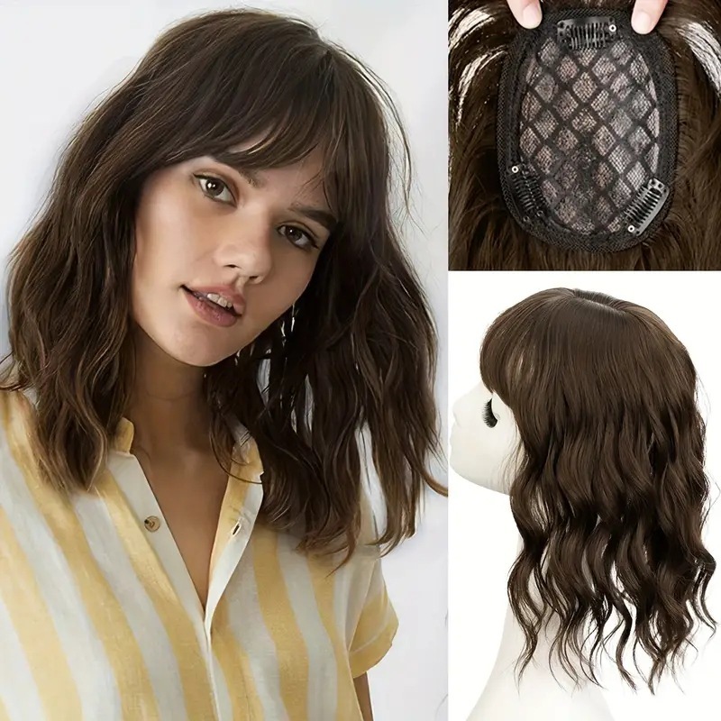 14 Inch Synthetic Wavy Hair Topper Hairpieces With Bangs For Women Curly Clip In Synthetic Hairpiece Fluffy Topper Hair Accessories