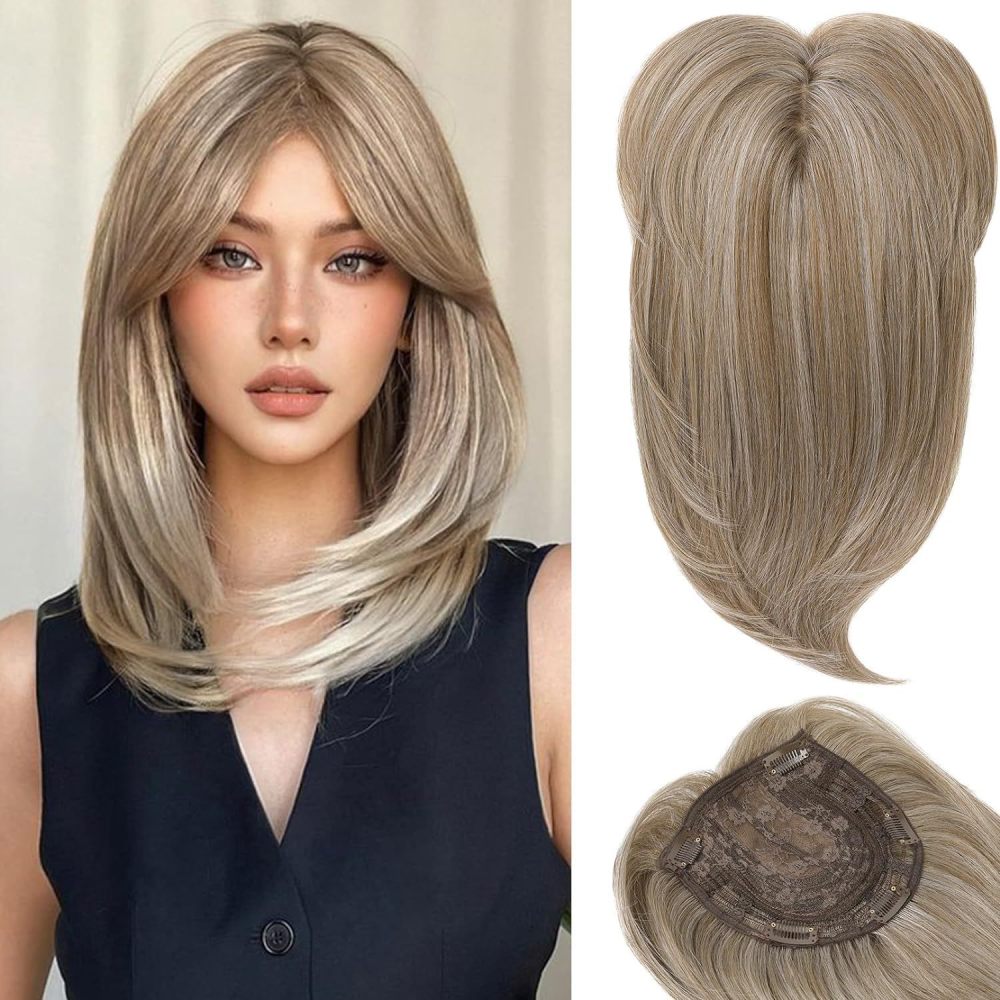 18 inch Ombre Dark Root Golden Topper with Hair Bangs Synthetic Hair Clip in Hair Extensions for Daily Use Accessories