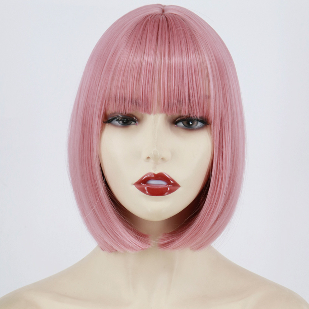 Synthetic Short Wine Red Bob Wigs for Women Burgundy Bob Wigs with Thick Bangs Heat Resistant Wigs