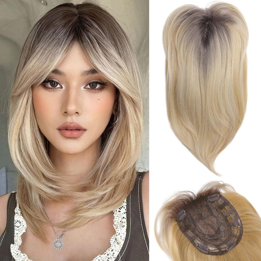 18 inch Ombre Dark Root Golden Topper with Hair Bangs Synthetic Hair Clip in Hair Extensions for Daily Use Accessories