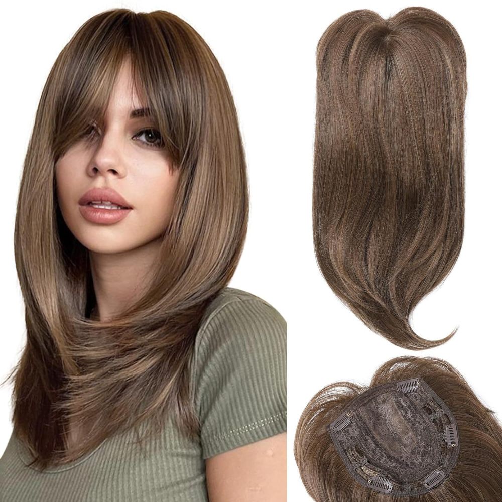 18 inch Ombre Dark Root Golden Topper with Hair Bangs Synthetic Hair Clip in Hair Extensions for Daily Use Accessories