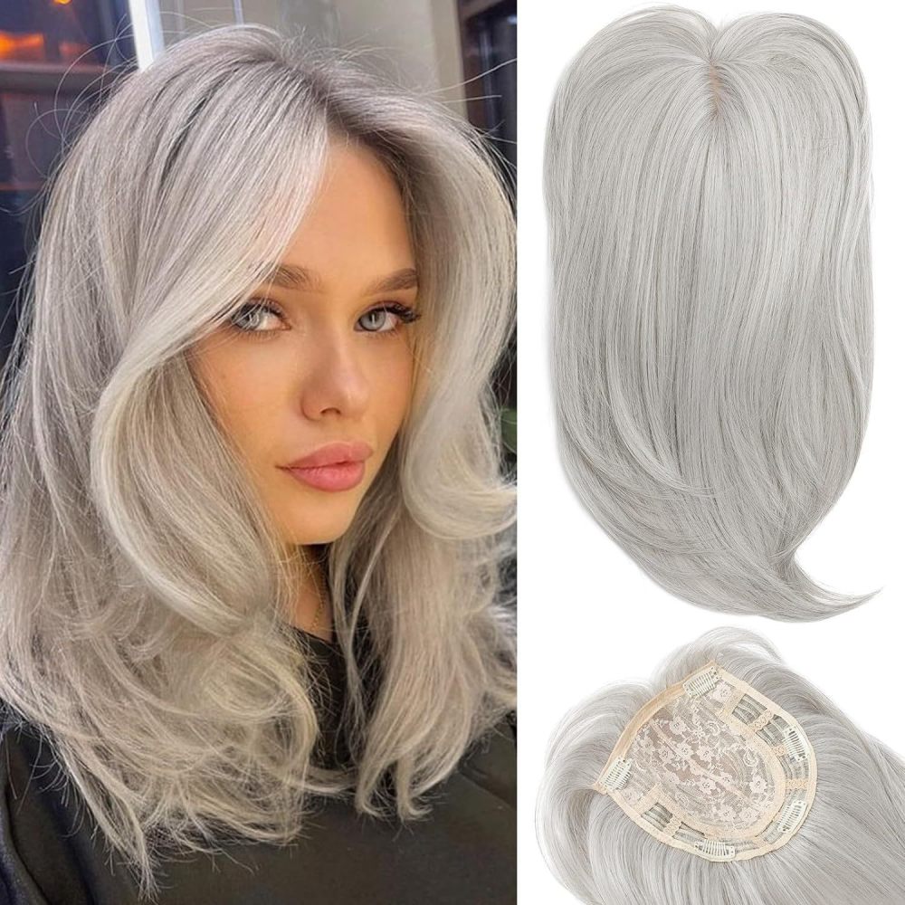 18 inch Ombre Dark Root Golden Topper with Hair Bangs Synthetic Hair Clip in Hair Extensions for Daily Use Accessories