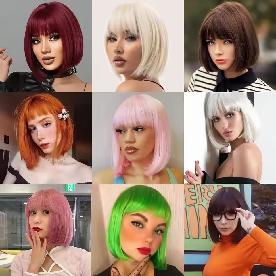 Synthetic Short Wine Red Bob Wigs for Women Burgundy Bob Wigs with Thick Bangs Heat Resistant Wigs