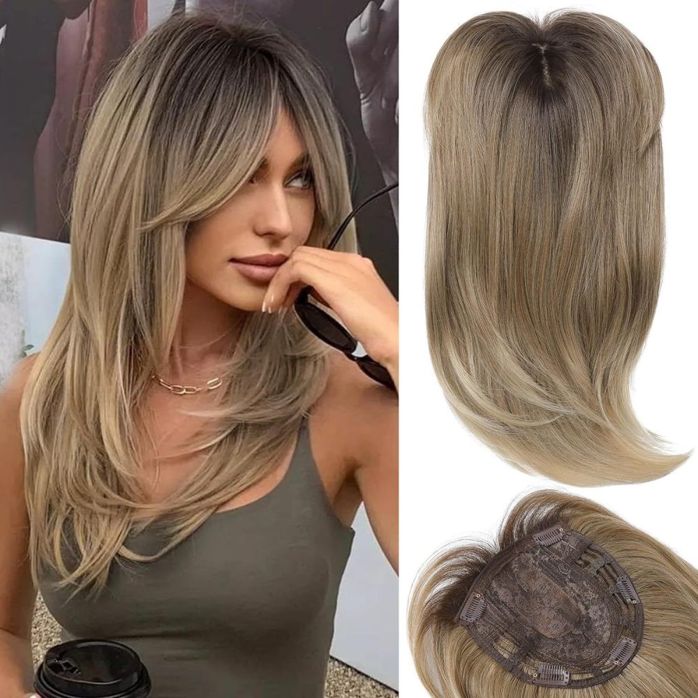 18 inch Ombre Dark Root Golden Topper with Hair Bangs Synthetic Hair Clip in Hair Extensions for Daily Use Accessories