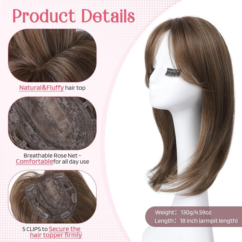 18 inch Ombre Dark Root Golden Topper with Hair Bangs Synthetic Hair Clip in Hair Extensions for Daily Use Accessories