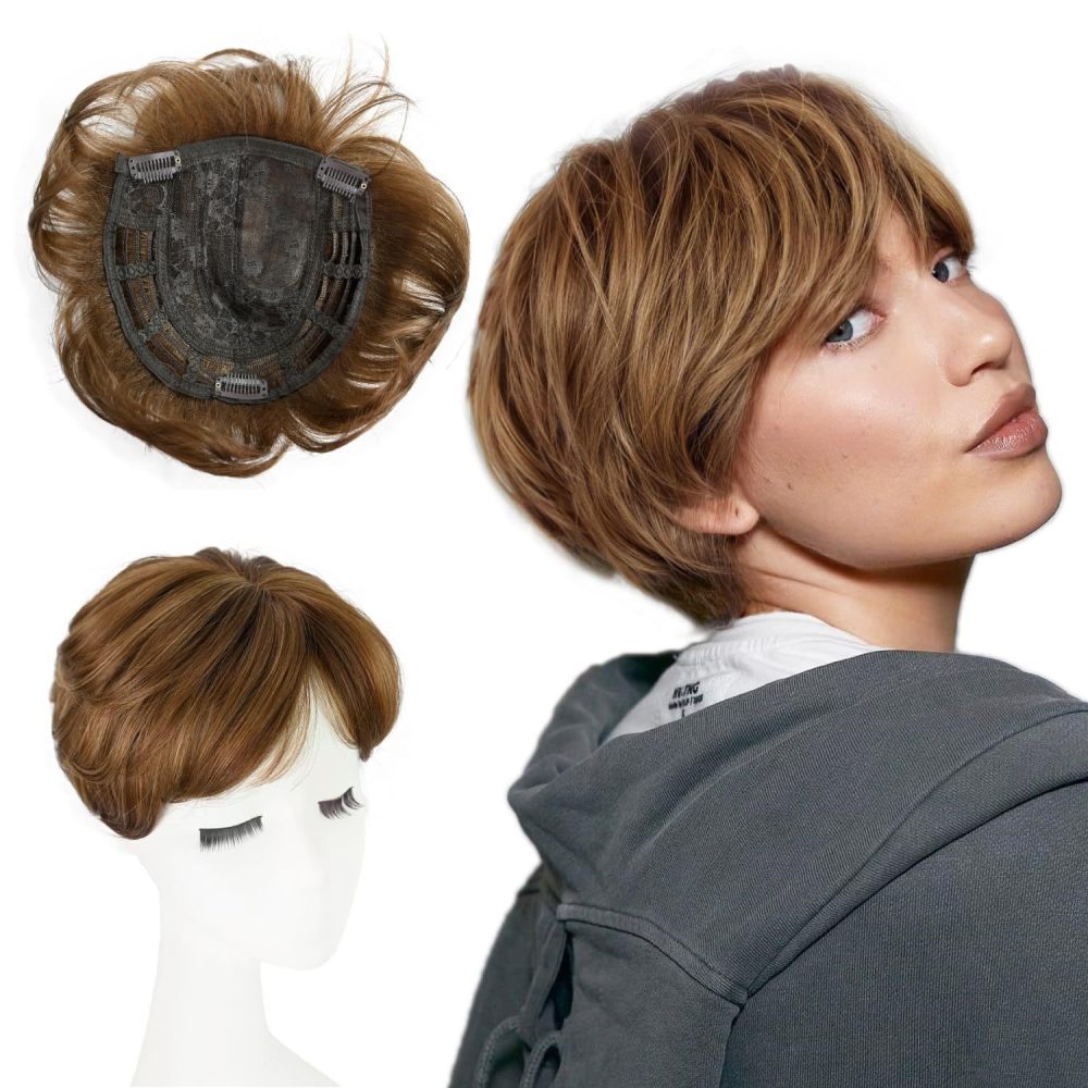 8 inch Blonde Short Hair Toppers for Women Fluffy Synthetic Hair Topper Clip in Top Wavy Hair Pieces Replacement hair topper