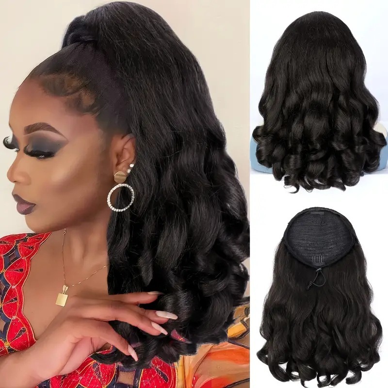 16Inch 140Grams  Drawstring Ponytail Extension  Medium  Synthetic Ponytail Hair Extension Synthetic Wavy ponytail Extensions