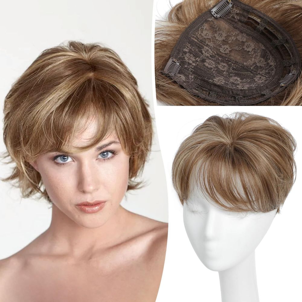 8 inch Blonde Short Hair Toppers for Women Fluffy Synthetic Hair Topper Clip in Top Wavy Hair Pieces Replacement hair topper