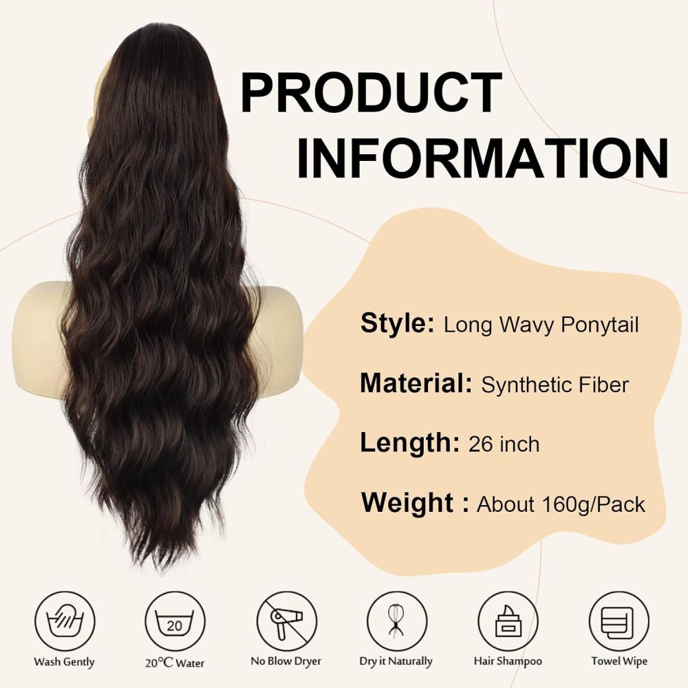 26 inch 160grams Long water wave Drawstring  Synthetic Ponytail Hair  Extensions for Women Heat Resistant Fake Hair Extension