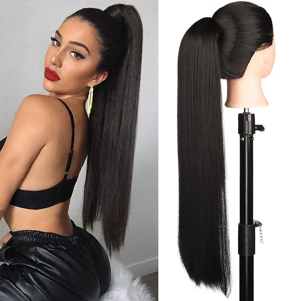 24 inch 12 0grams Long straight  Drawstring  Synthetic Ponytail Hair  Extensions for Women Heat Resistant Fake Hair Extensions