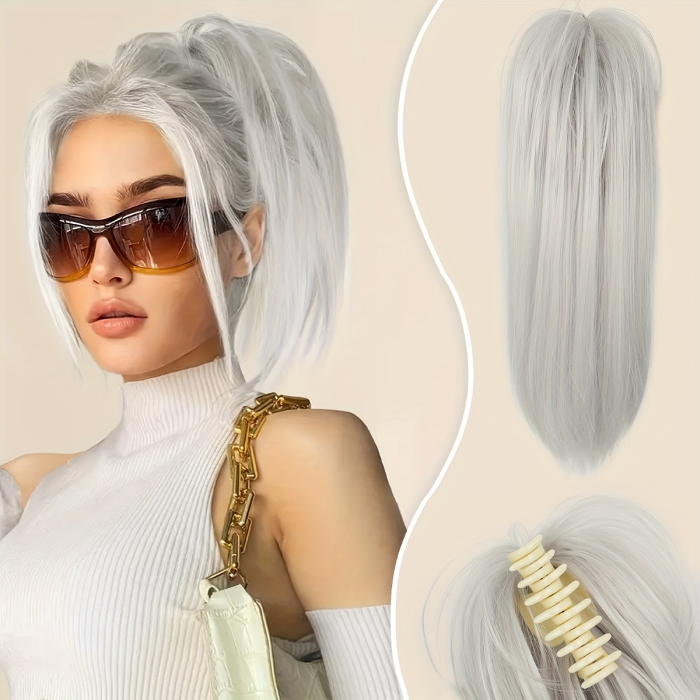 16Inch 90 grams Synthetic Short  Ponytail Hair  Straight Black-Brown Claw Clip in Ponytail Extension for Women Everyday Use