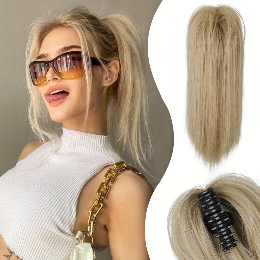 16Inch 90 grams Synthetic Short  Ponytail Hair  Straight Black-Brown Claw Clip in Ponytail Extension for Women Everyday Use
