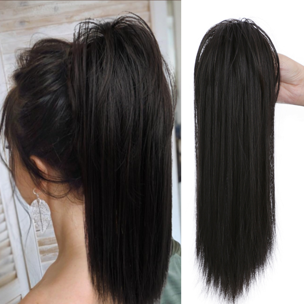 16Inch 90 grams Synthetic Short  Ponytail Hair  Straight Black-Brown Claw Clip in Ponytail Extension for Women Everyday Use