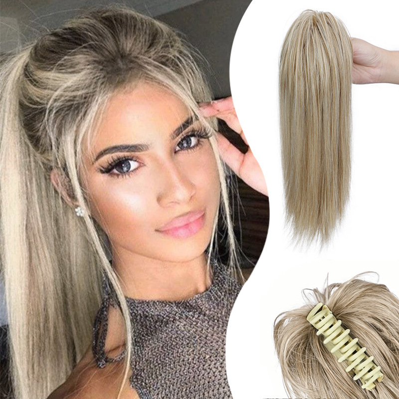 16Inch 90 grams Synthetic Short  Ponytail Hair  Straight Black-Brown Claw Clip in Ponytail Extension for Women Everyday Use