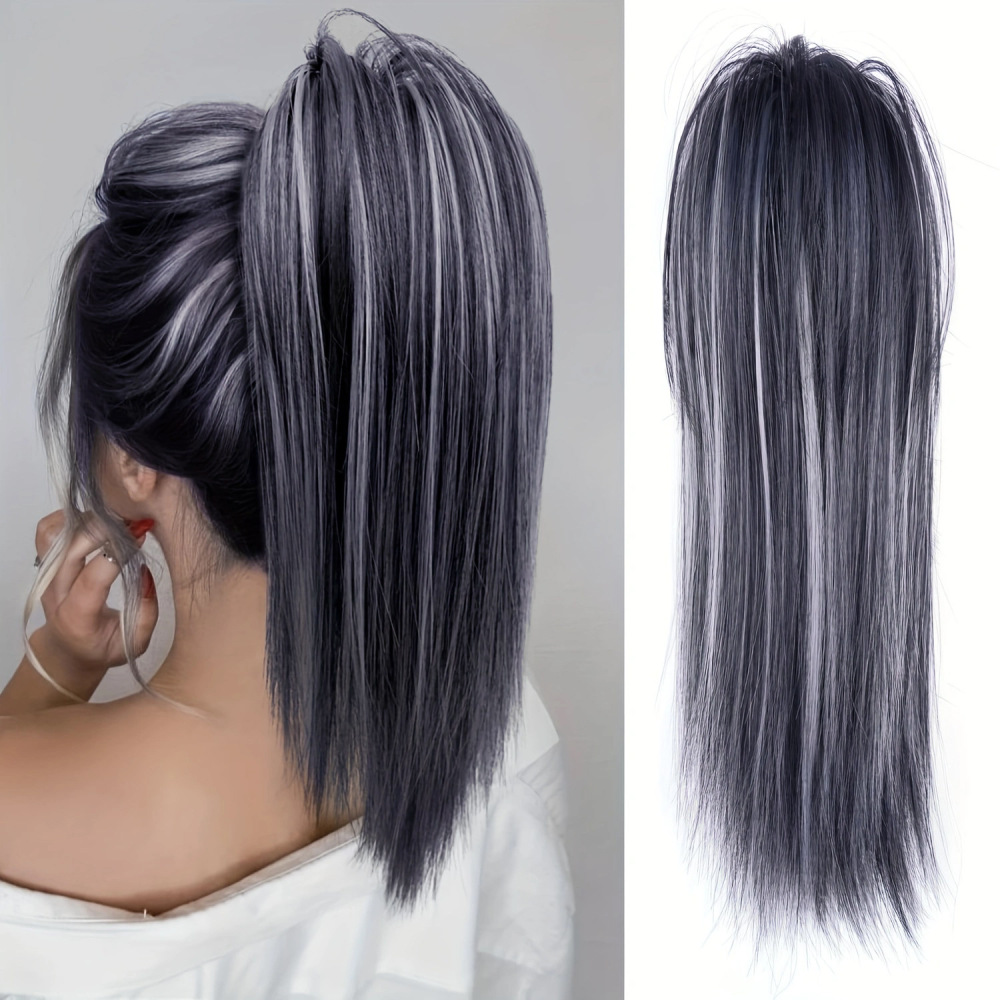 16Inch 90 grams Synthetic Short  Ponytail Hair  Straight Black-Brown Claw Clip in Ponytail Extension for Women Everyday Use