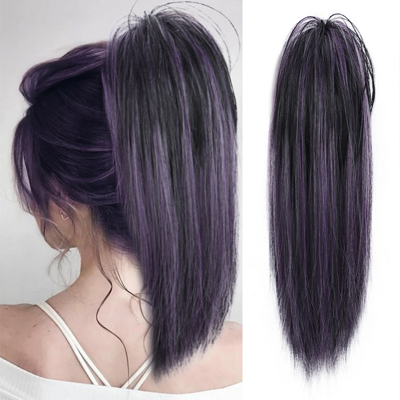16Inch 90 grams Synthetic Short  Ponytail Hair  Straight Black-Brown Claw Clip in Ponytail Extension for Women Everyday Use