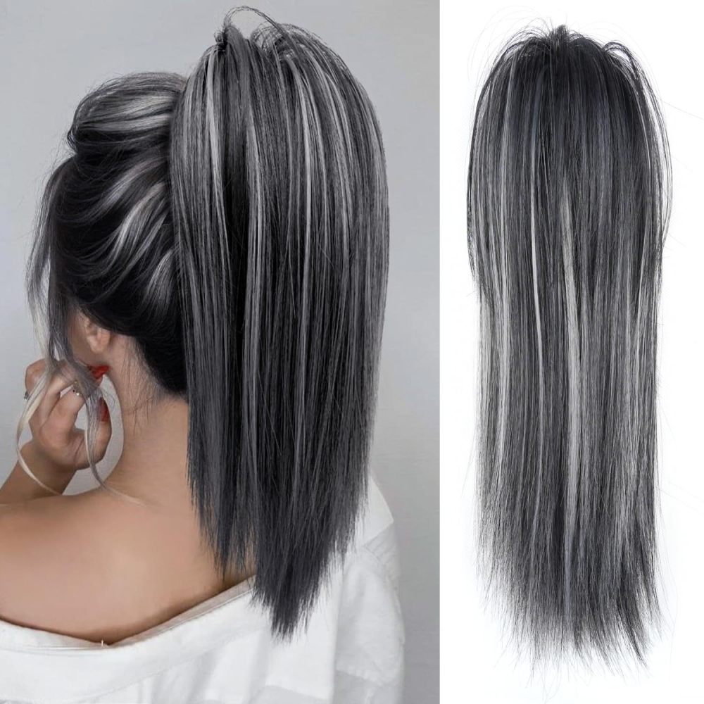 16Inch 90 grams Synthetic Short  Ponytail Hair  Straight Black-Brown Claw Clip in Ponytail Extension for Women Everyday Use