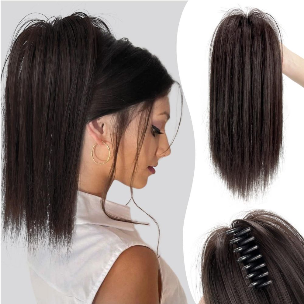 16Inch 90 grams Synthetic Short  Ponytail Hair  Straight Black-Brown Claw Clip in Ponytail Extension for Women Everyday Use