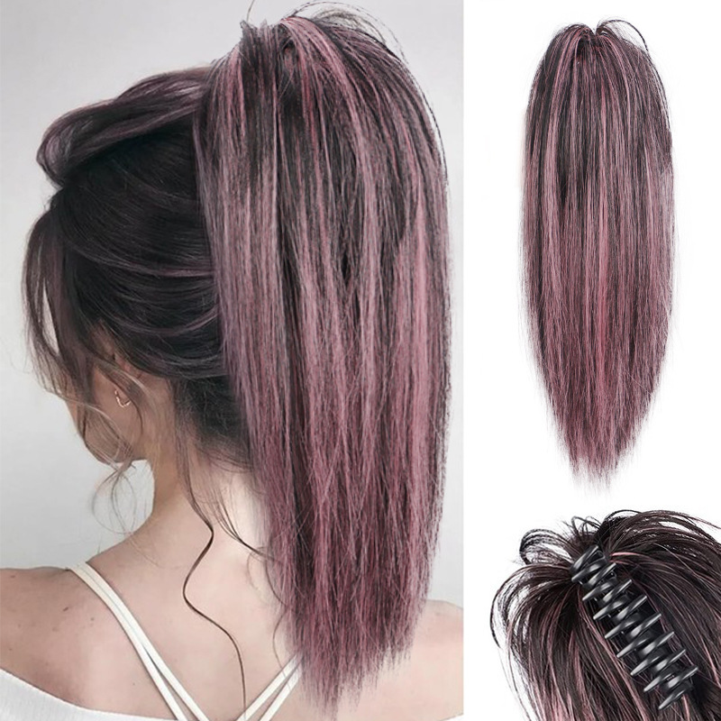 16Inch 90 grams Synthetic Short  Ponytail Hair  Straight Black-Brown Claw Clip in Ponytail Extension for Women Everyday Use
