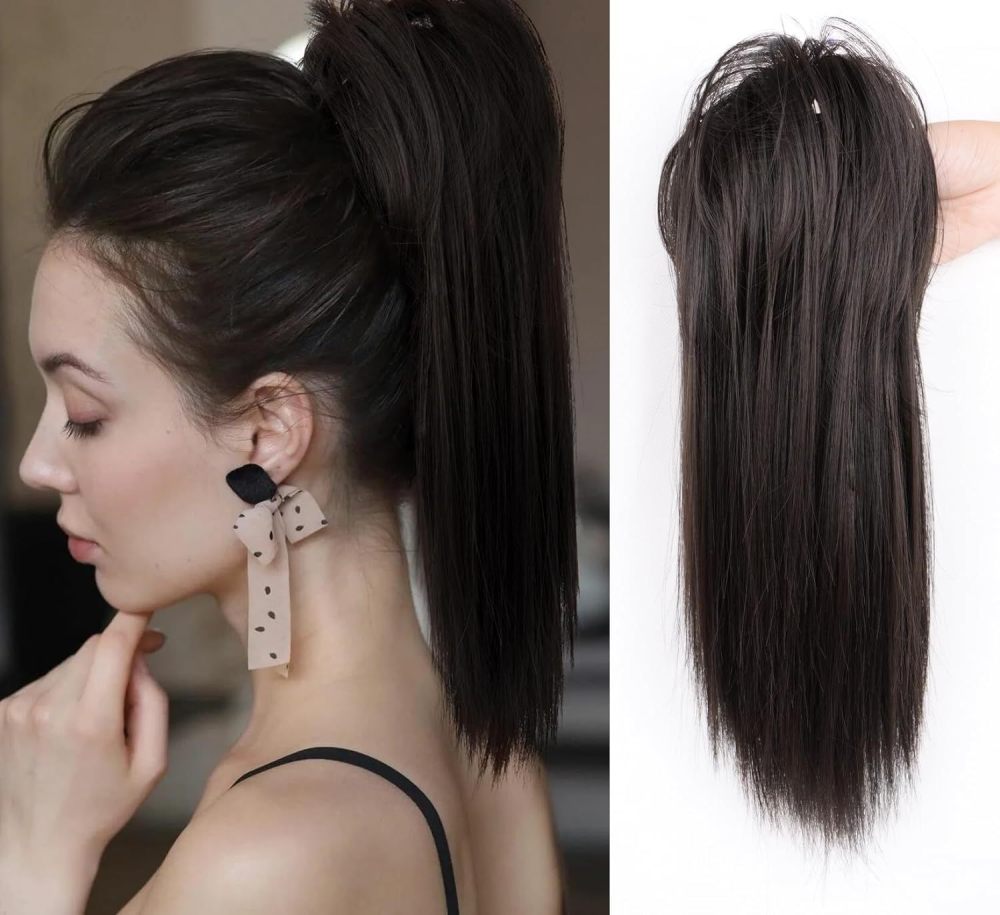 16Inch 90 grams Synthetic Short  Ponytail Hair  Straight Black-Brown Claw Clip in Ponytail Extension for Women Everyday Use