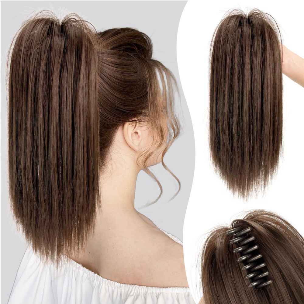 16Inch 90 grams Synthetic Short  Ponytail Hair  Straight Black-Brown Claw Clip in Ponytail Extension for Women Everyday Use