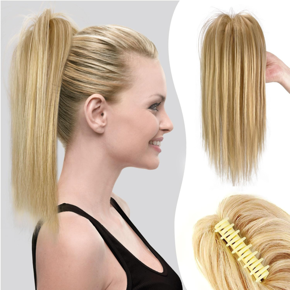 16Inch 90 grams Synthetic Short  Ponytail Hair  Straight Black-Brown Claw Clip in Ponytail Extension for Women Everyday Use