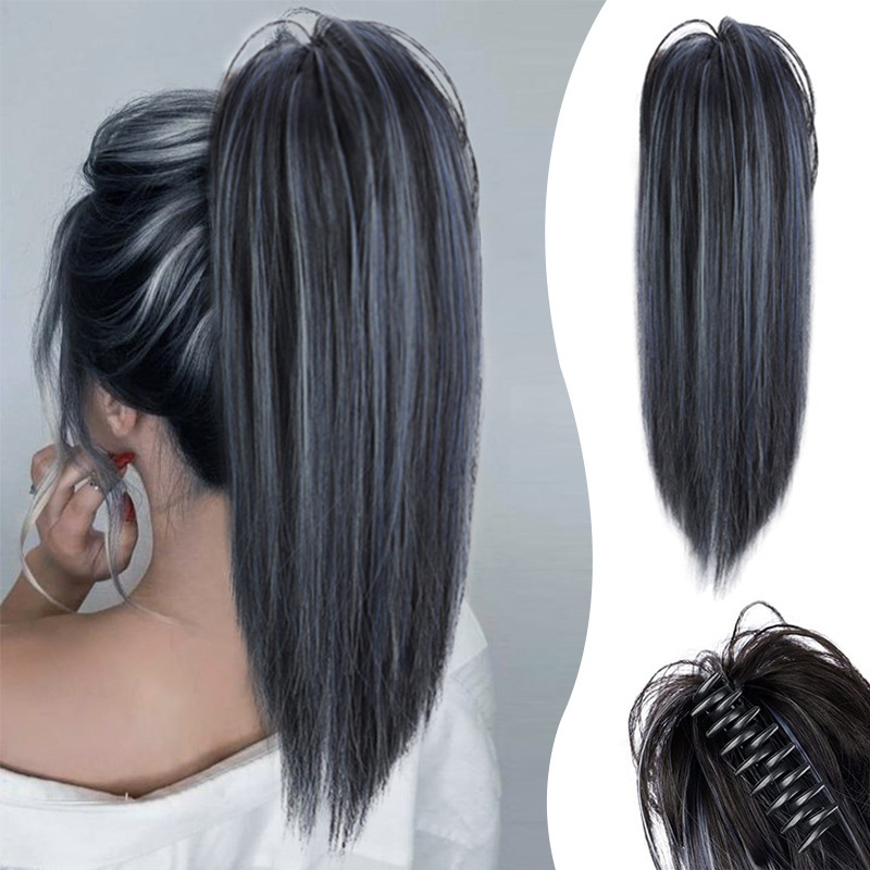 16Inch 90 grams Synthetic Short  Ponytail Hair  Straight Black-Brown Claw Clip in Ponytail Extension for Women Everyday Use