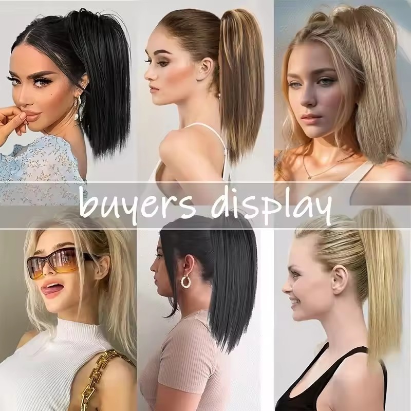 16Inch 90 grams Synthetic Short  Ponytail Hair  Straight Black-Brown Claw Clip in Ponytail Extension for Women Everyday Use