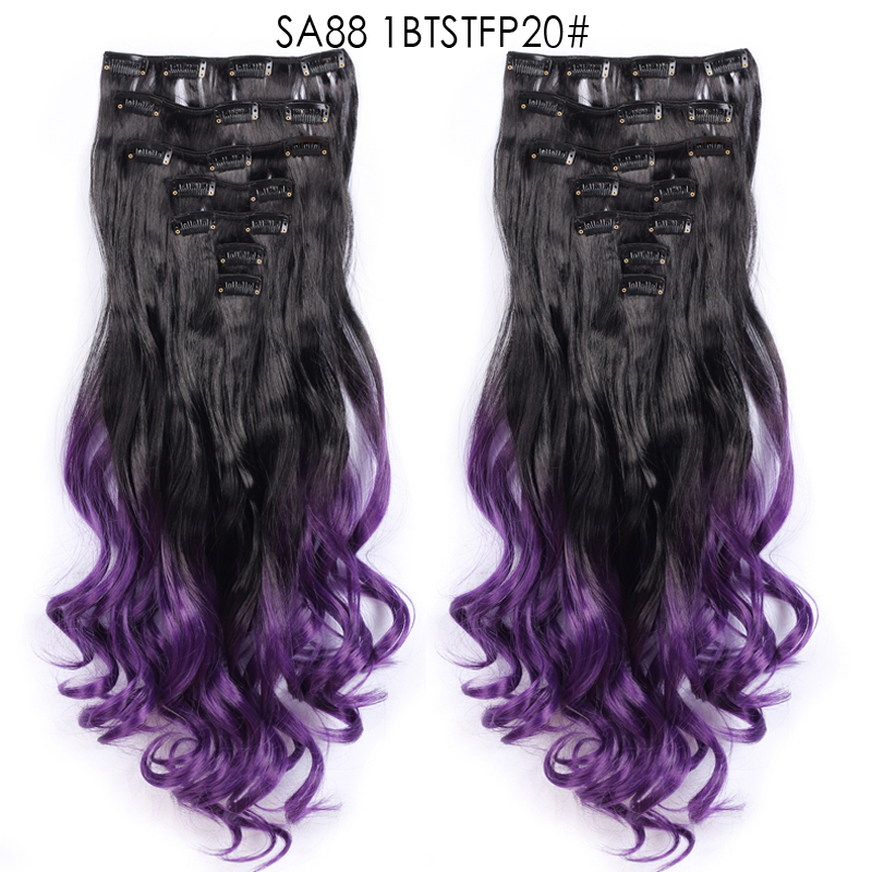 22 inch Ombre Wave  Clip in Hair Synthetic Extension Hairstyle 16 Clips 7Pcs/Set Synthetic  Hairpieces For Woman