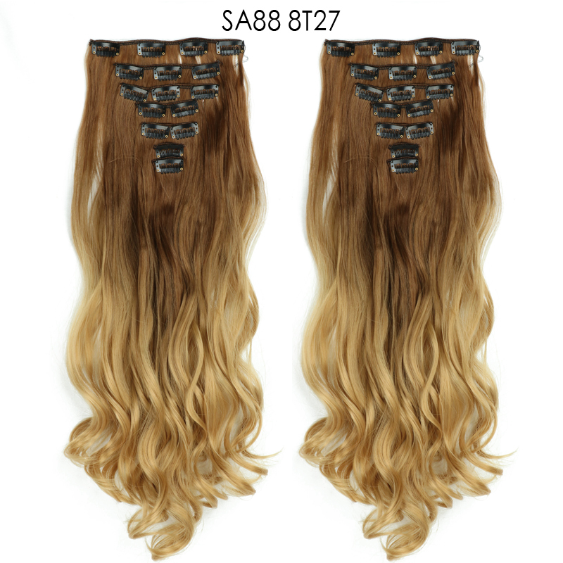 22 inch Ombre Wave  Clip in Hair Synthetic Extension Hairstyle 16 Clips 7Pcs/Set Synthetic  Hairpieces For Woman