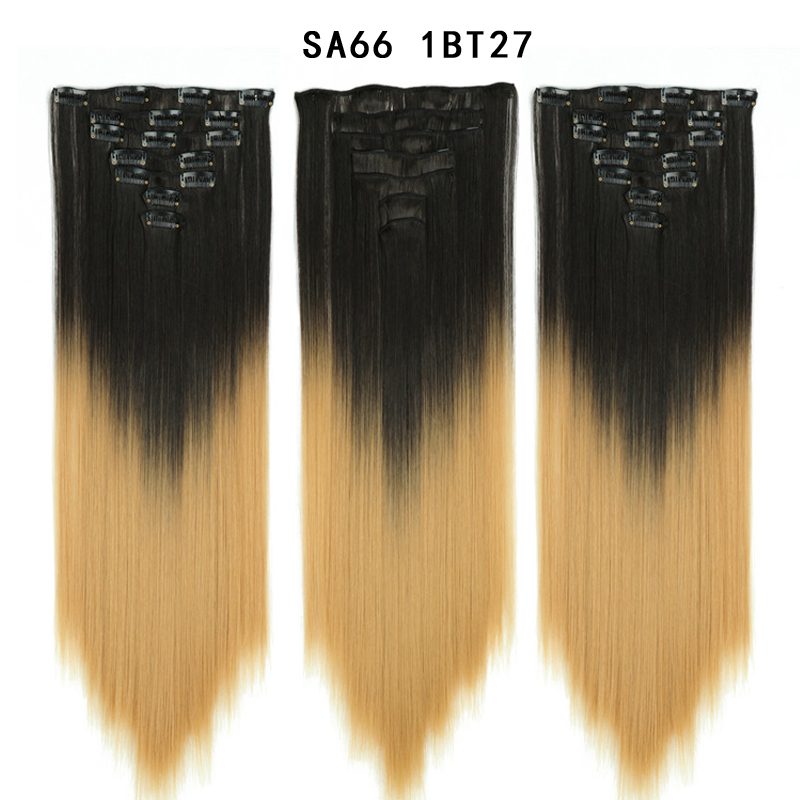 22 inch Ombre  Clip in Hair Synthetic Extension Hairstyle Full Head16 Clips 7Pcs/Set Synthetic  Hairpieces For Woman
