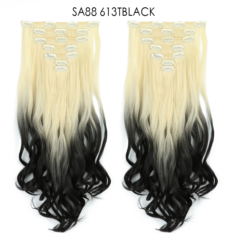 22 inch Ombre Wave  Clip in Hair Synthetic Extension Hairstyle 16 Clips 7Pcs/Set Synthetic  Hairpieces For Woman