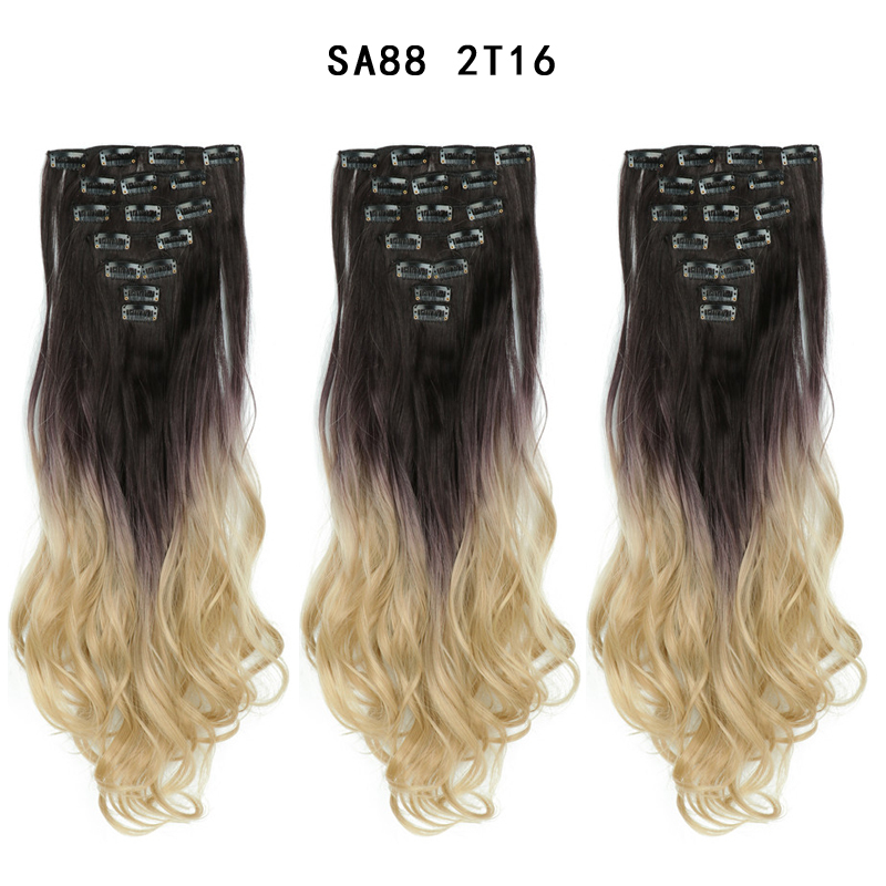 22 inch Ombre Wave  Clip in Hair Synthetic Extension Hairstyle 16 Clips 7Pcs/Set Synthetic  Hairpieces For Woman
