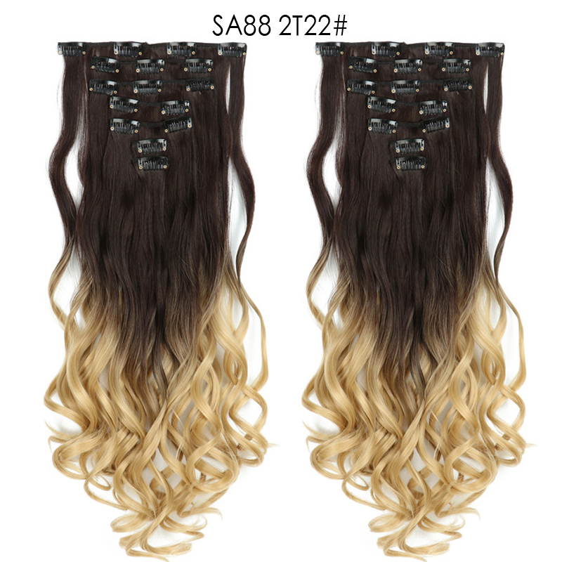 22 inch Ombre Wave  Clip in Hair Synthetic Extension Hairstyle 16 Clips 7Pcs/Set Synthetic  Hairpieces For Woman