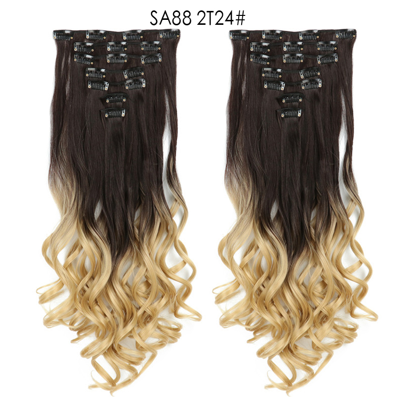 22 inch Ombre Wave  Clip in Hair Synthetic Extension Hairstyle 16 Clips 7Pcs/Set Synthetic  Hairpieces For Woman