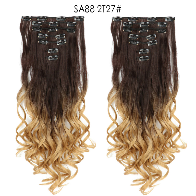 22 inch Ombre Wave  Clip in Hair Synthetic Extension Hairstyle 16 Clips 7Pcs/Set Synthetic  Hairpieces For Woman