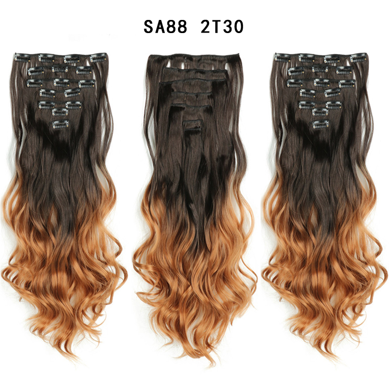 22 inch Ombre Wave  Clip in Hair Synthetic Extension Hairstyle 16 Clips 7Pcs/Set Synthetic  Hairpieces For Woman