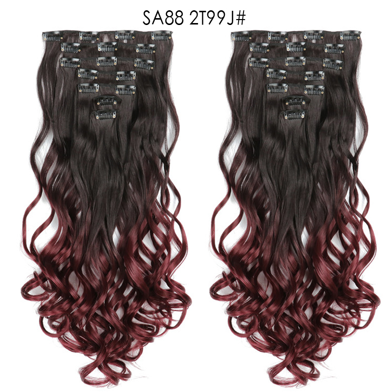 22 inch Ombre Wave  Clip in Hair Synthetic Extension Hairstyle 16 Clips 7Pcs/Set Synthetic  Hairpieces For Woman