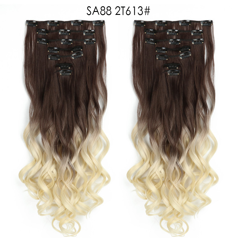 22 inch Ombre Wave  Clip in Hair Synthetic Extension Hairstyle 16 Clips 7Pcs/Set Synthetic  Hairpieces For Woman