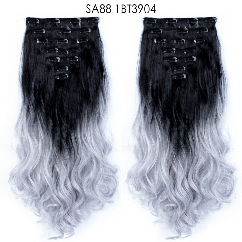22 inch Ombre Wave  Clip in Hair Synthetic Extension Hairstyle 16 Clips 7Pcs/Set Synthetic  Hairpieces For Woman