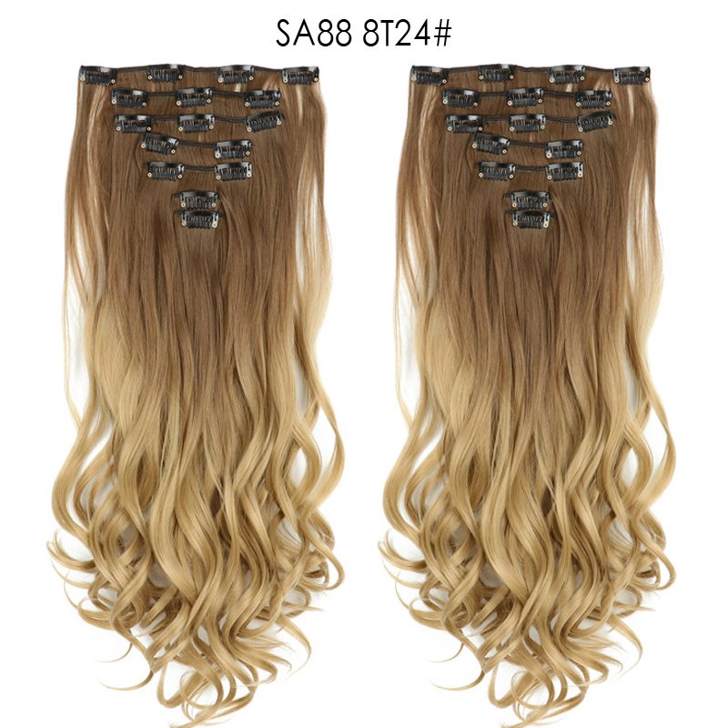 22 inch Ombre Wave  Clip in Hair Synthetic Extension Hairstyle 16 Clips 7Pcs/Set Synthetic  Hairpieces For Woman