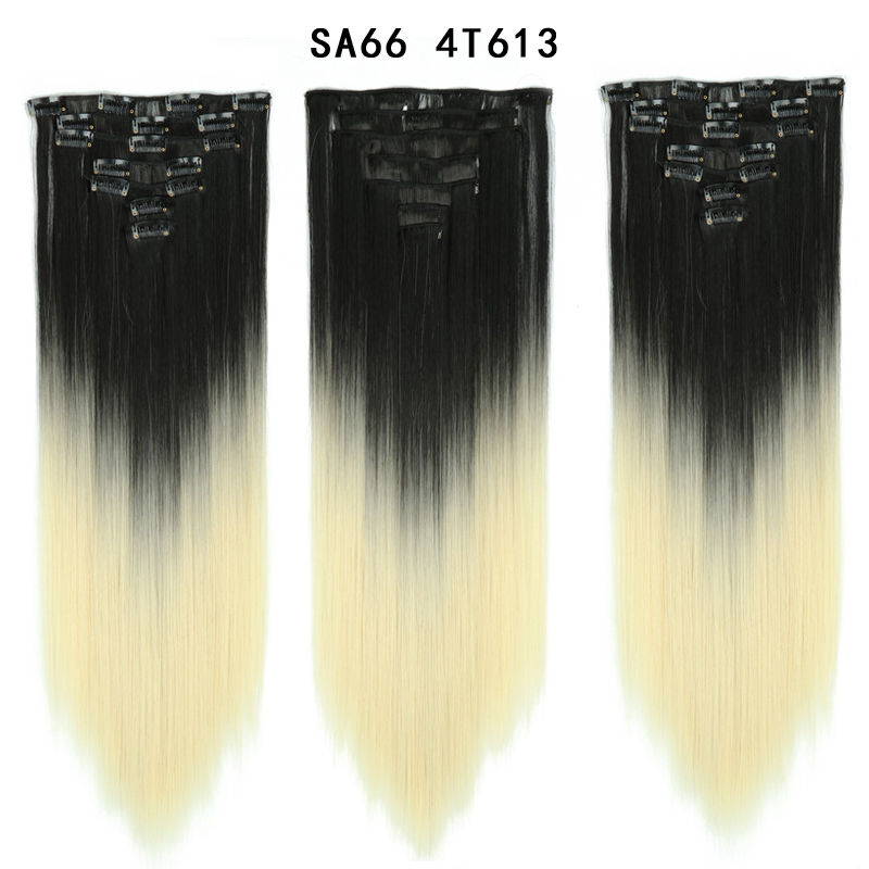 22 inch Ombre  Clip in Hair Synthetic Extension Hairstyle Full Head16 Clips 7Pcs/Set Synthetic  Hairpieces For Woman